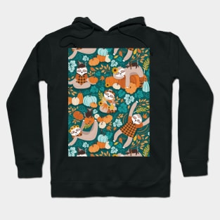 Sloths in pumpkin mood // pattern // green background orange teal and aqua autumnal pumpkins fall leaves shepherd’s check yellow sunflowers Hoodie